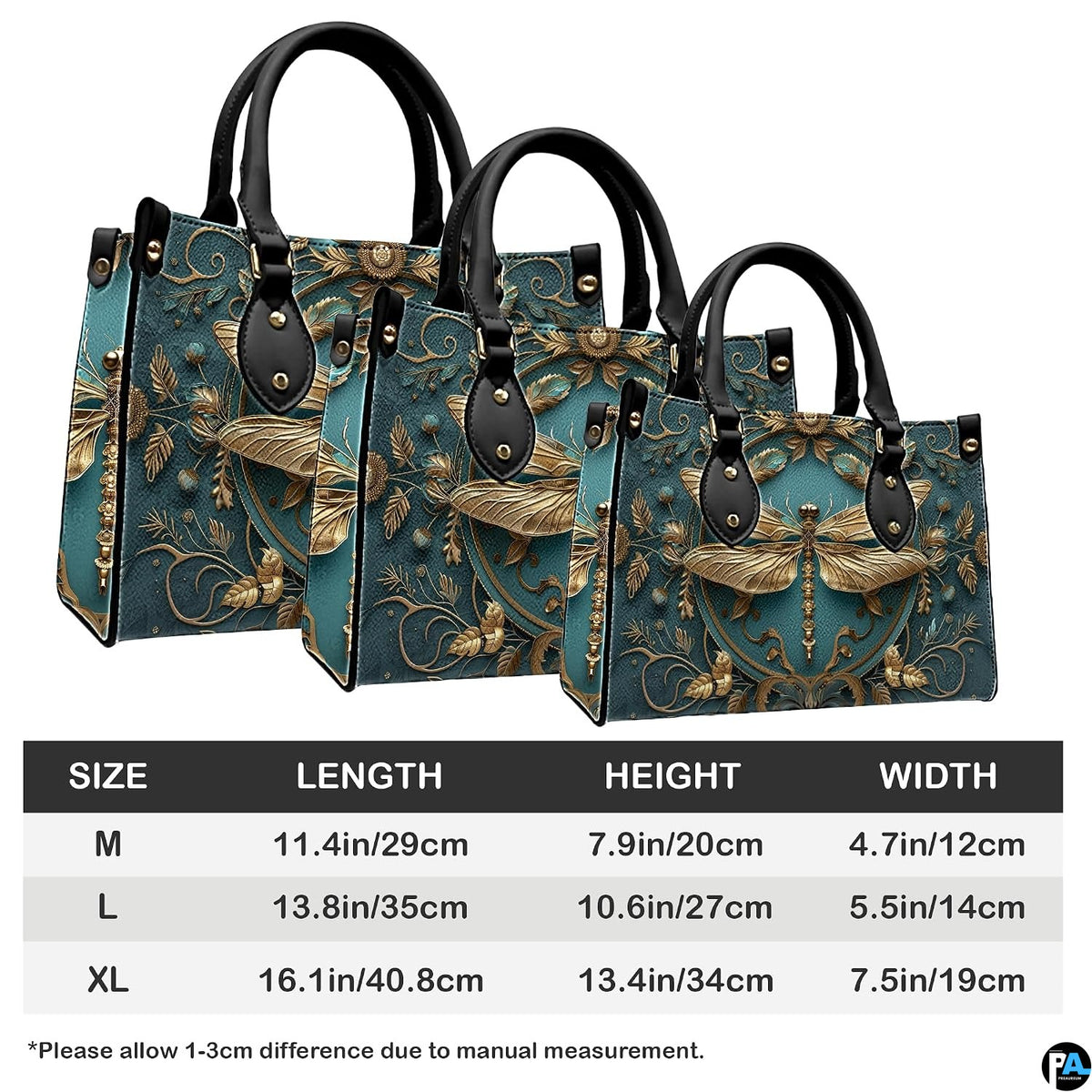 Handbag sizing chart comparing dimensions across Medium, Large, and Extra Large options