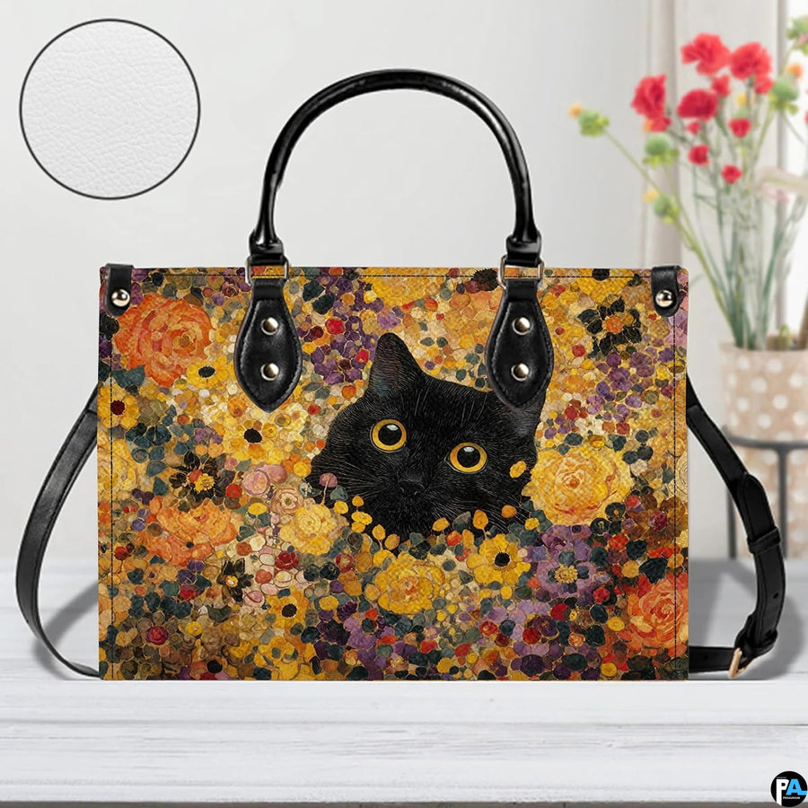 Direct studio view of black cat Gustav Klimt garden illustration showing circular surface inset.