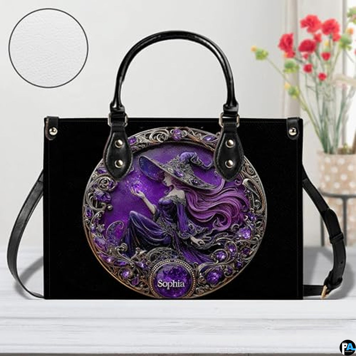 Personalized Halloween Leather Handbag – Custom Witch 3D Printing Effect Purses For Women – Spooky Gothic Shoulder Bag