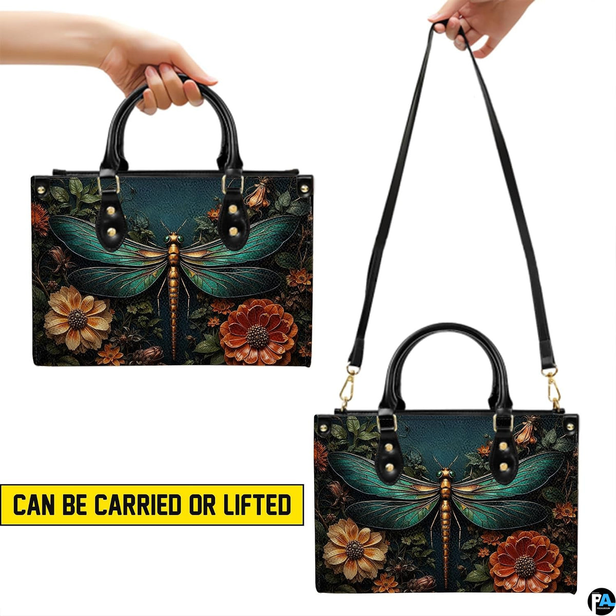 Interior view of dragonfly handbag showing open storage compartment with fabric lining