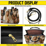 Display panel detailing closure, handles, and compartment structure of the handbag