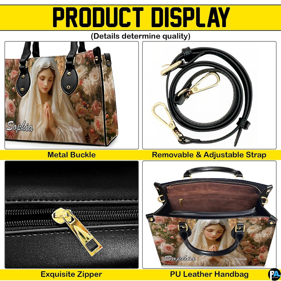 Display panel detailing closure, handles, and compartment structure of the handbag