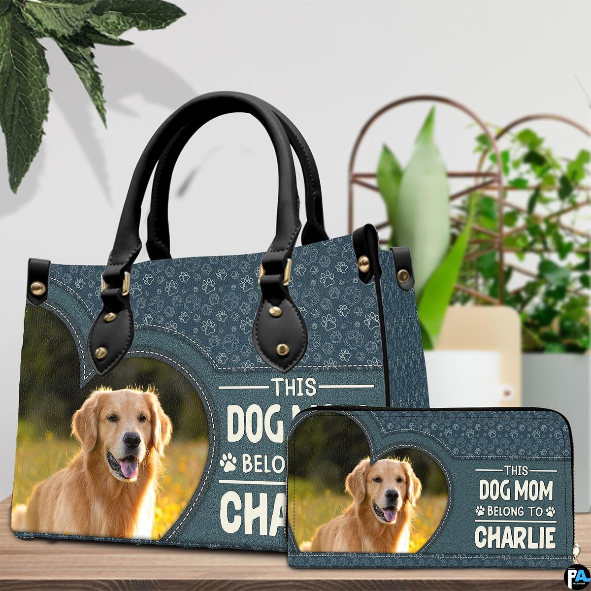 Side profile view of golden retriever purse highlighting structured proportions and shape.
