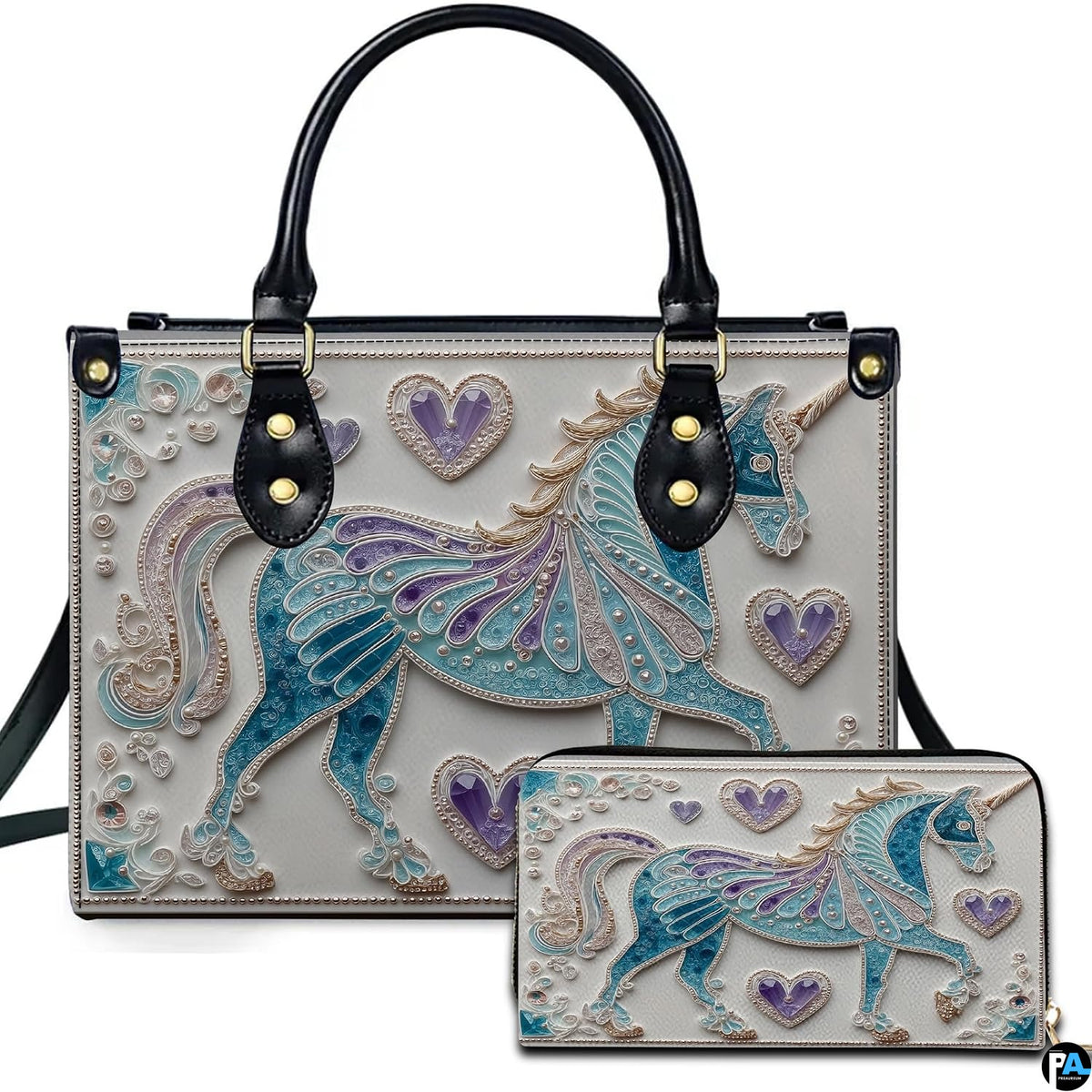 Turquoise filigree unicorn handbag and matching wallet set featuring trotting unicorn and purple hearts.