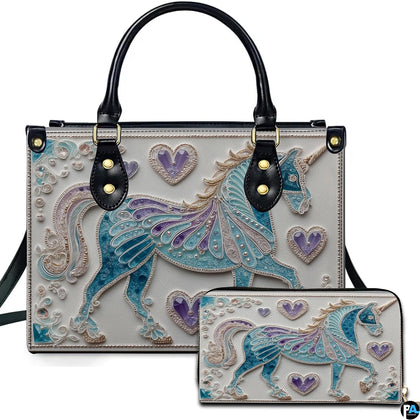 Turquoise filigree unicorn handbag and matching wallet set featuring trotting unicorn and purple hearts.