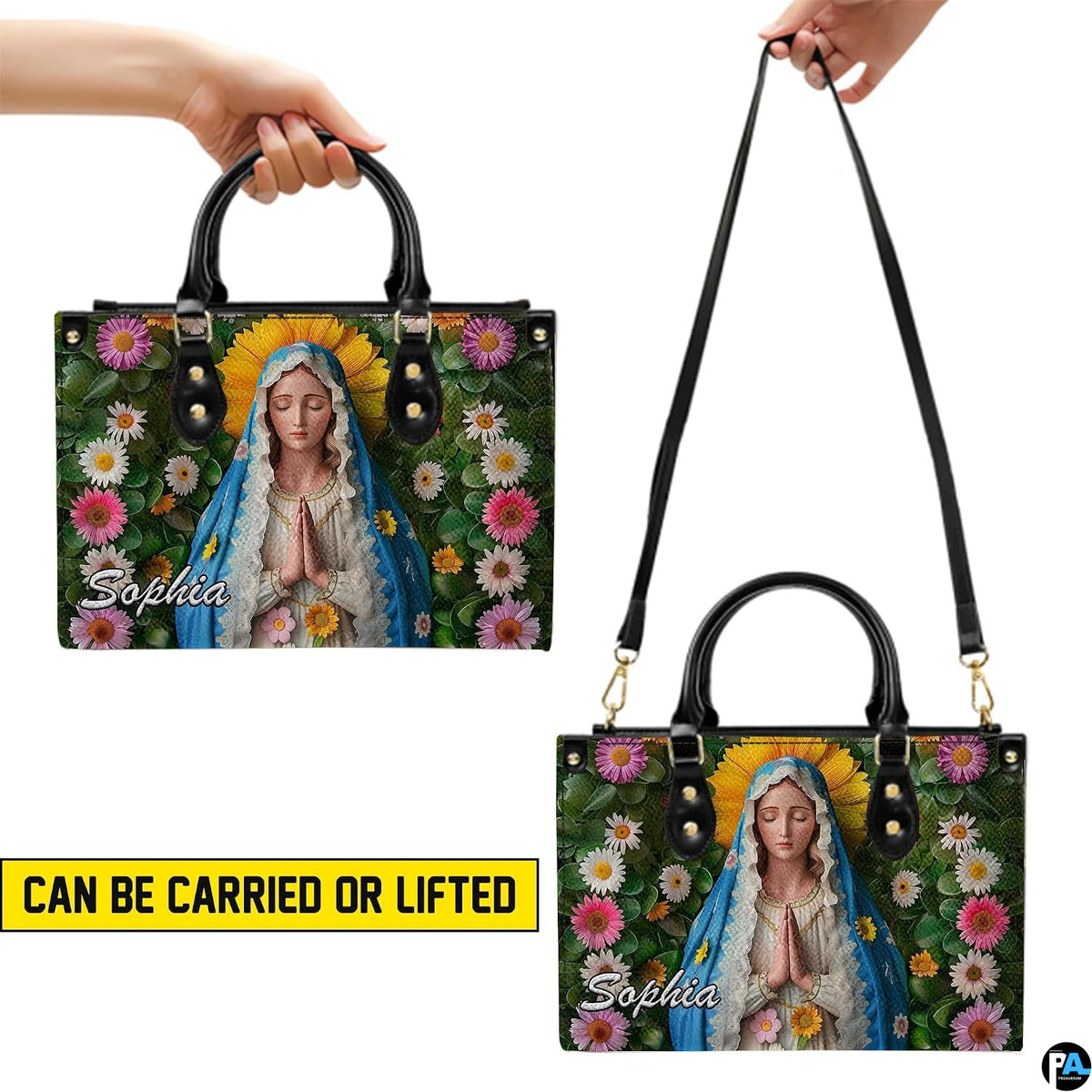 Demonstration of top handle and shoulder carrying modes for the Virgin Mary handbag