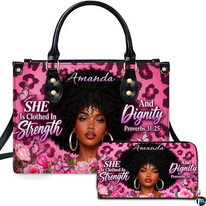 Studio presentation showing pink leopard afro woman artwork alongside matching companion accessory.