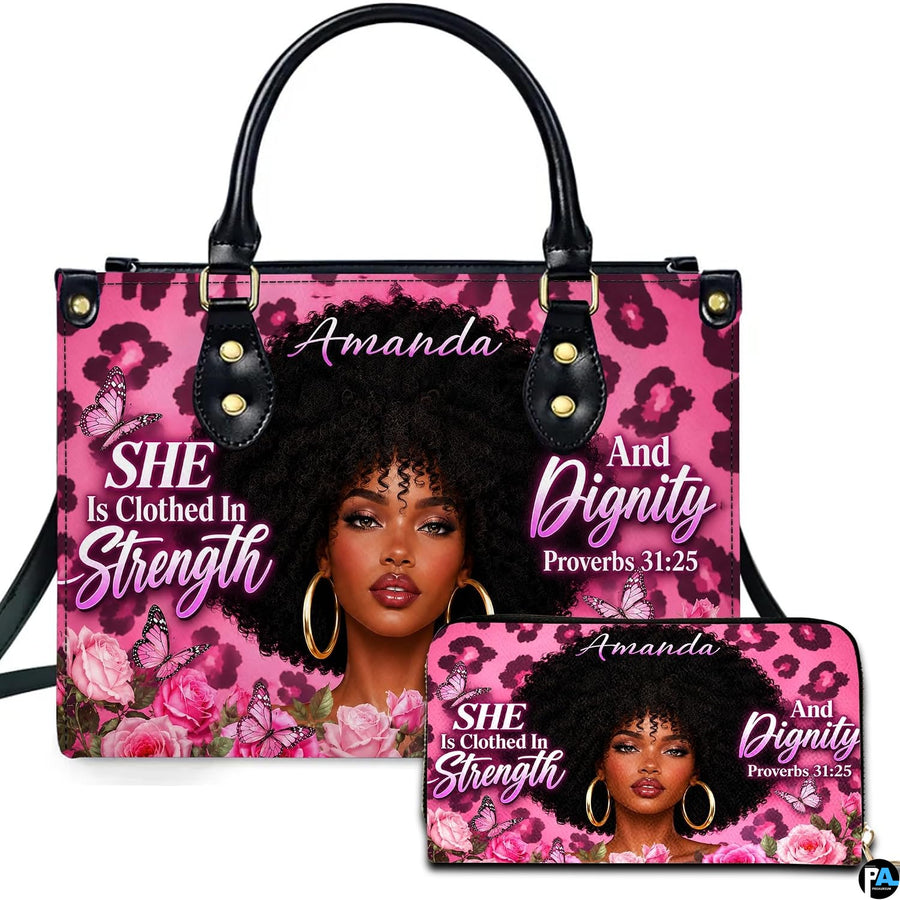 Studio presentation showing pink leopard afro woman artwork alongside matching companion accessory.