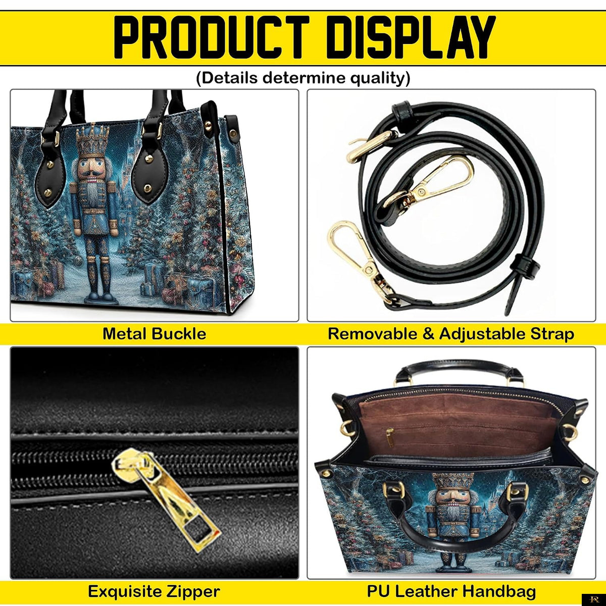 PREAUREUM "Santa, Snowman & Nutcracker Prints Festive Purse" Personalized Christmas Leather Handbag