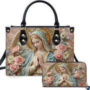 Front view of porcelain relief Madonna handbag and matching wallet set with sculpted pink roses