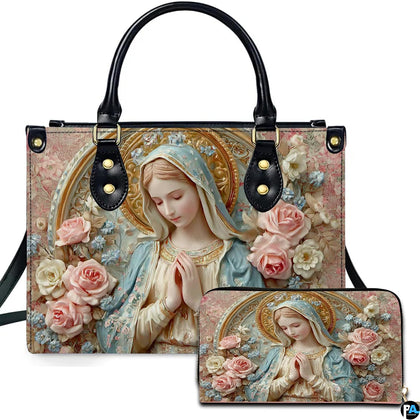 Front view of porcelain relief Madonna handbag and matching wallet set with sculpted pink roses