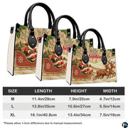Size comparison chart showing medium, large, and extra-large dimensions for Santa sleigh handbag