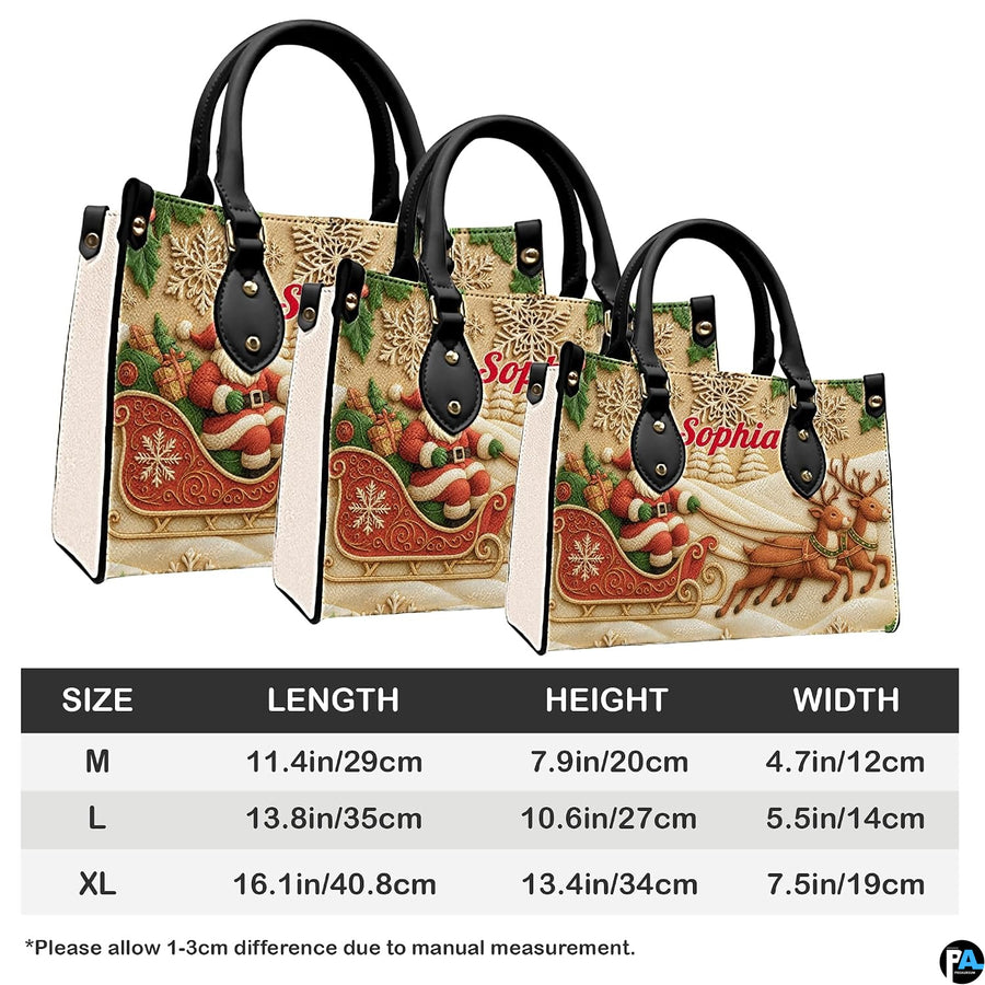 Size comparison chart showing medium, large, and extra-large dimensions for Santa sleigh handbag
