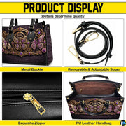 Top-down view of purple butterfly handbag showing full-length zipper closure opening