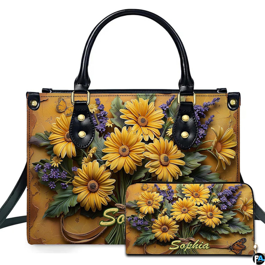 Yellow daisy lavender bouquet handbag and matching wallet set
