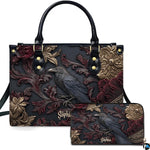 Gothic baroque raven floral handbag and matching wallet set displayed upright on white background.