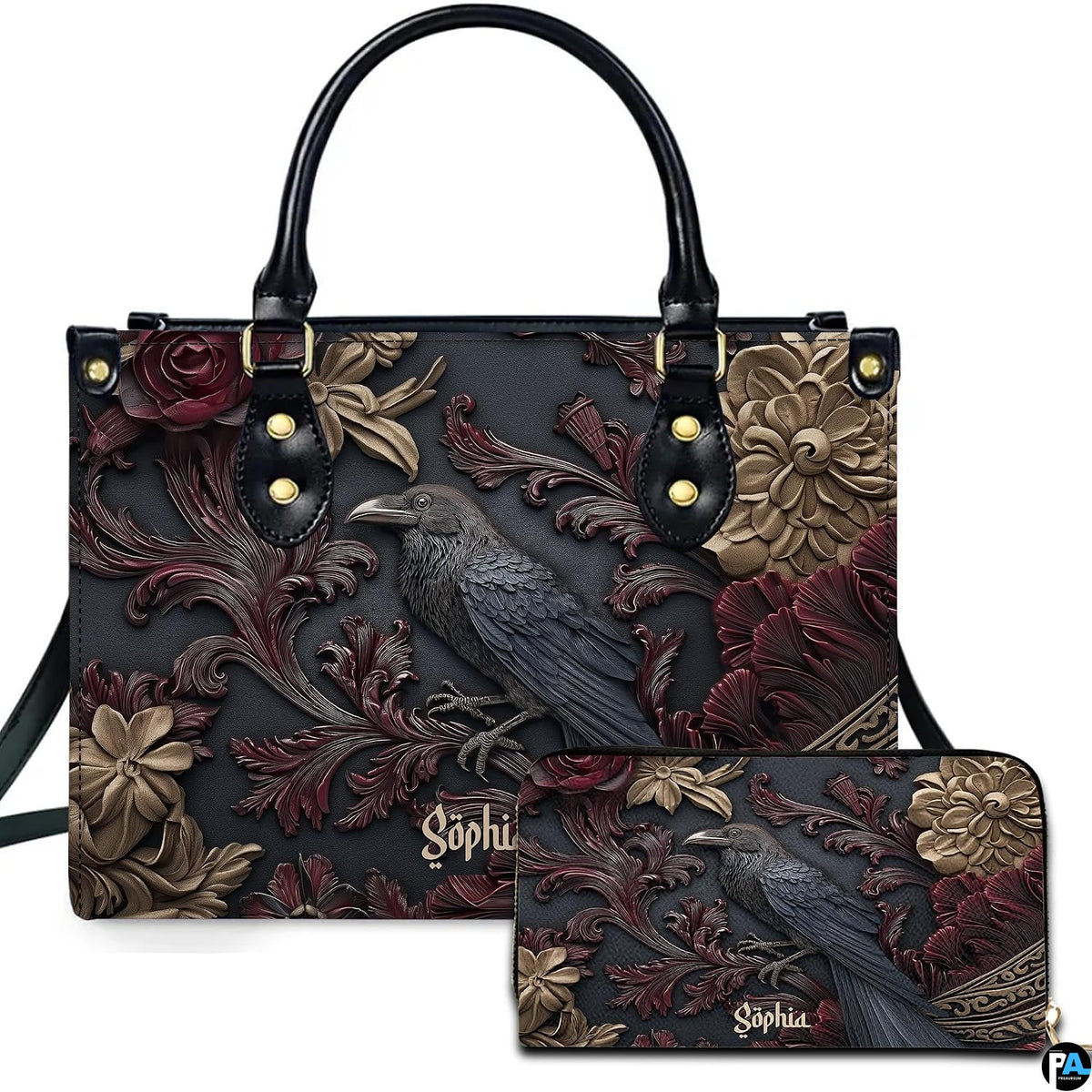 Victorian gothic raven acanthus handbag and matching wallet set on white background.