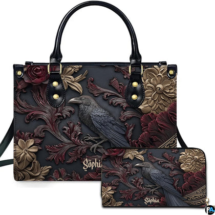 Victorian gothic raven acanthus handbag and matching wallet set on white background.