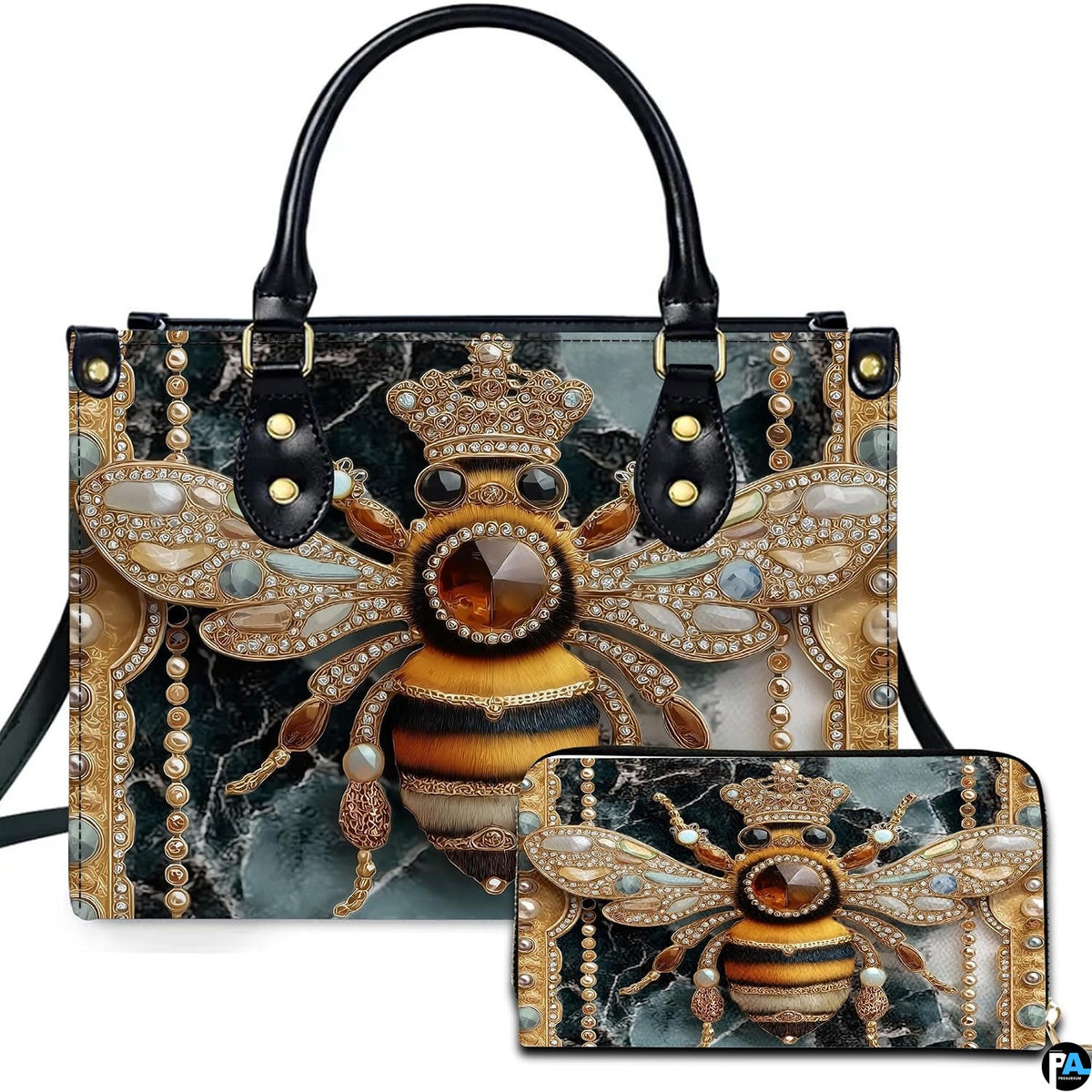 Emerald marble jeweled bee handbag and matching wallet set featuring baroque queen bee artwork.