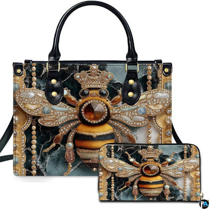 Emerald marble jeweled bee handbag and matching wallet set featuring baroque queen bee artwork.