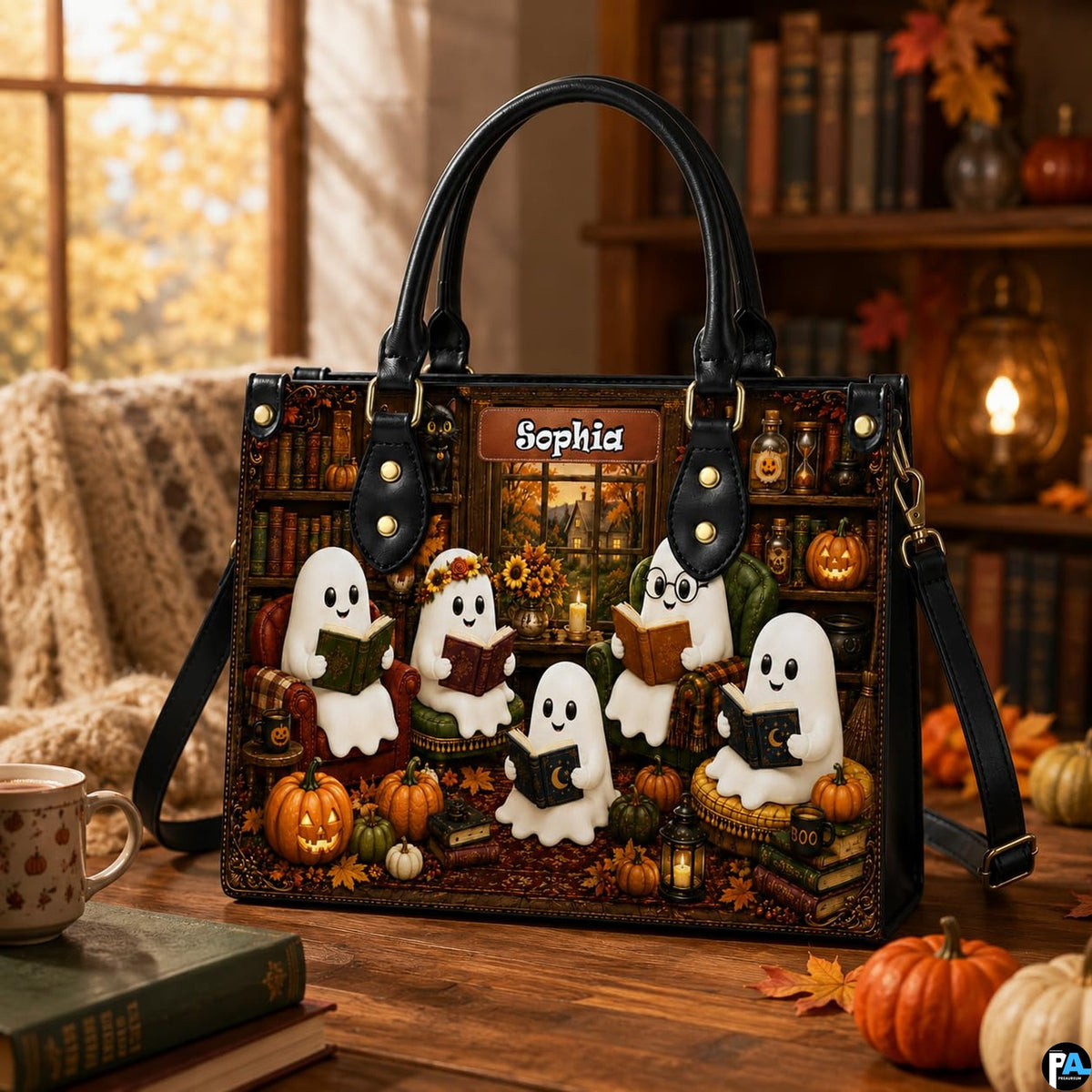 Ghost book club satchel displayed on wooden table with antique books and decorative pumpkins.