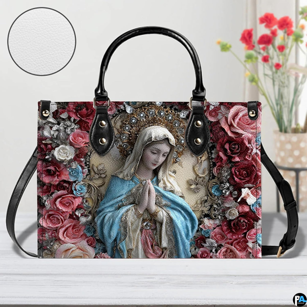 Devotional Mary floral design displayed in an indoor setting with subtle botanical background elements.