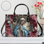 Devotional Mary floral design displayed in an indoor setting with subtle botanical background elements.