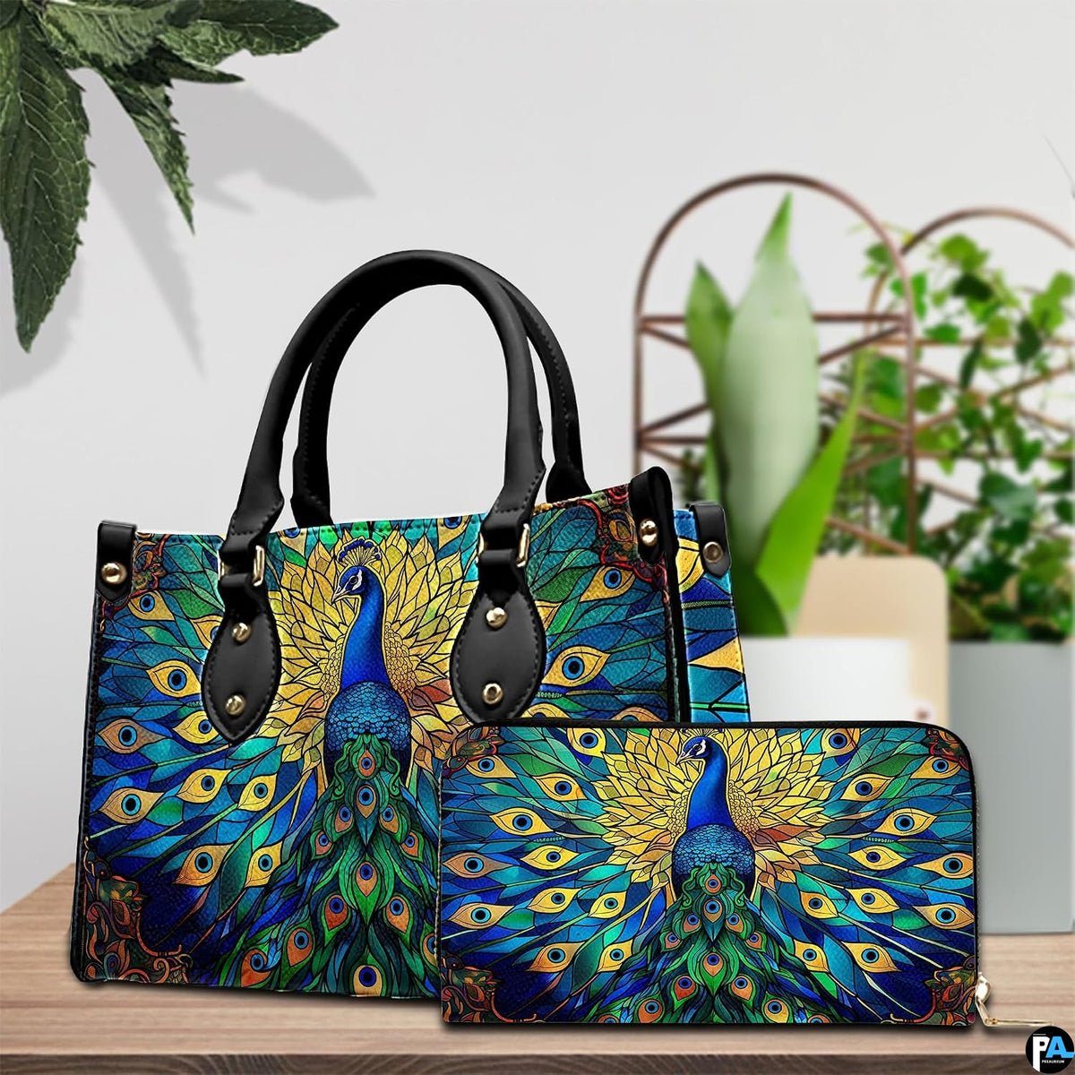 Peacock handbag and matching wallet with jewel-tone fan artwork
