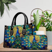 Peacock handbag and matching wallet with jewel-tone fan artwork