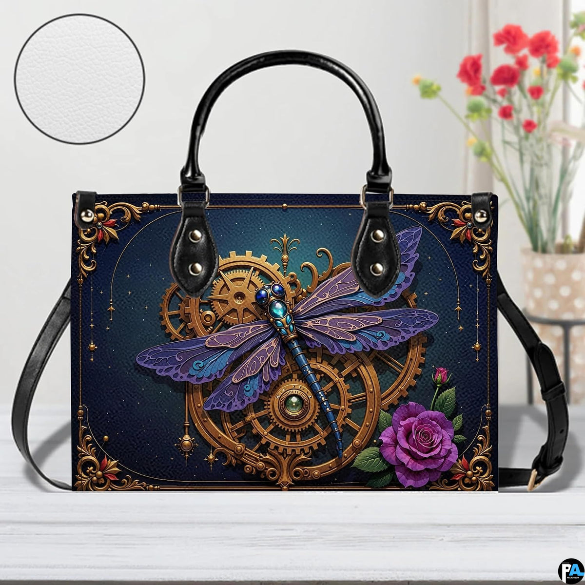 Lifestyle setting of steampunk clockwork dragonfly handbag and wallet set