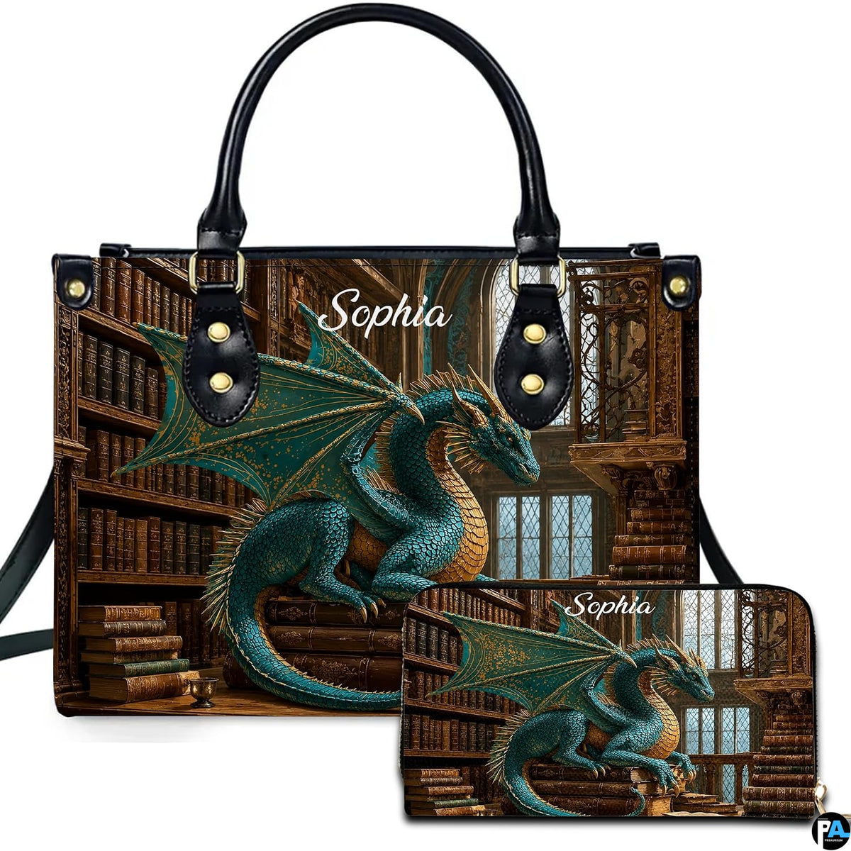 Victorian library guardian dragon handbag and wallet set displayed against a white studio background
