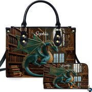 Victorian library guardian dragon handbag and wallet set displayed against a white studio background