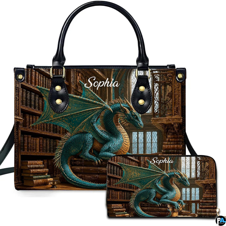 Victorian library guardian dragon handbag and wallet set displayed against a white studio background