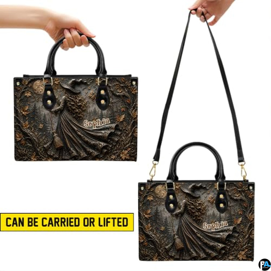 Personalized Witch Handbag with Purse, Custom Name Gothic Leather Bag Set for Women, Halloween Shoulder Bag, Witch Gift