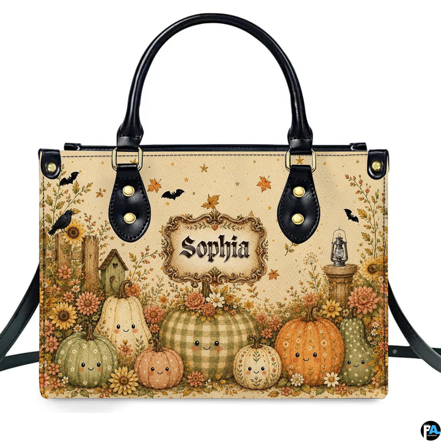 Studio portrait presenting smiling pumpkin harvest artwork centered against plain white backdrop.