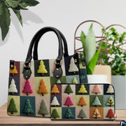 Tabletop presentation showing geometric pine tree grid artwork beside indoor houseplant.
