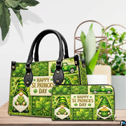 Green gnome clover handbag with coordinated wallet on a tabletop