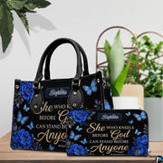 Side view of royal blue floral handbag showing structured silhouette and seamless edge construction.