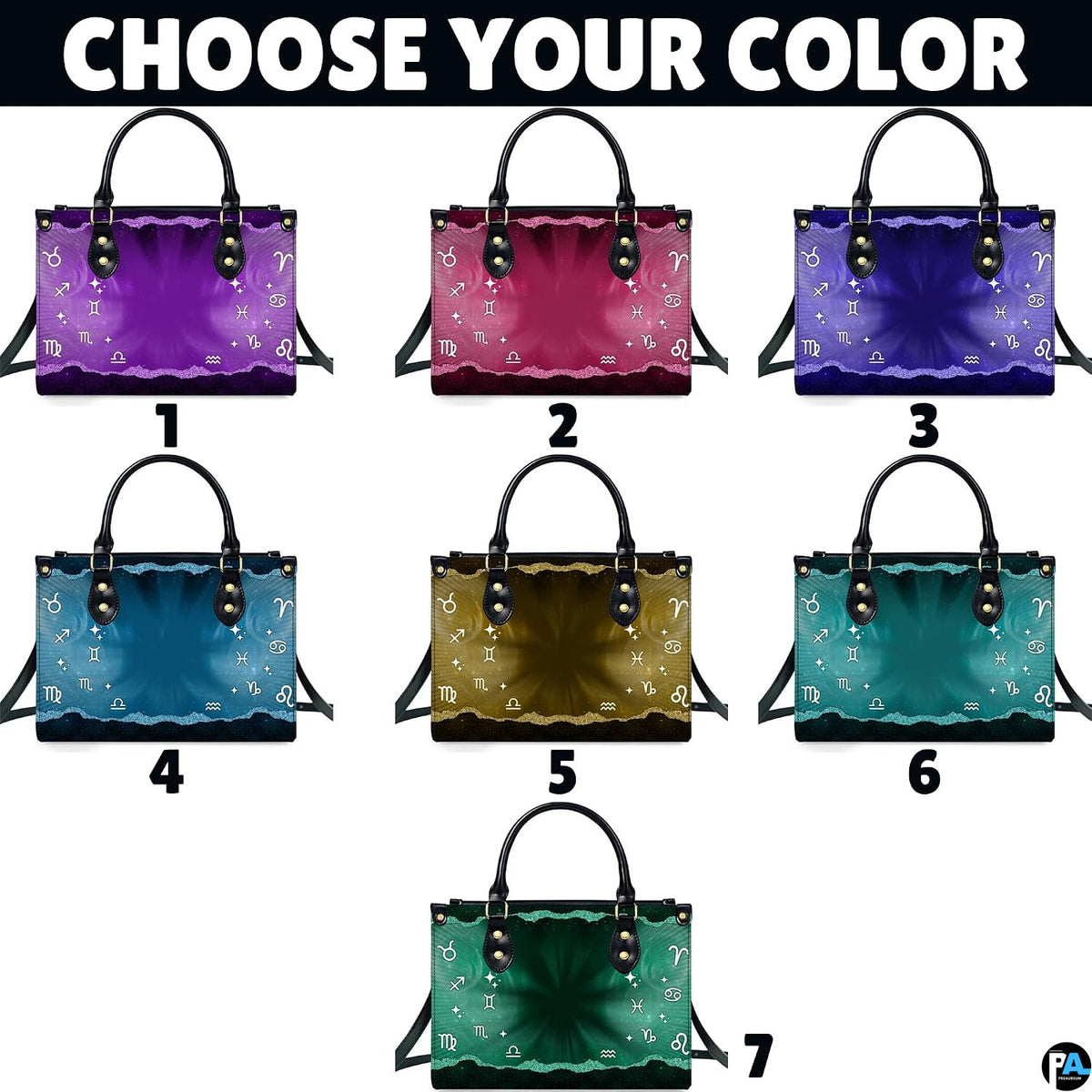 Seven varied color palette editions displayed for Celestial Archer Satchel Handbag.