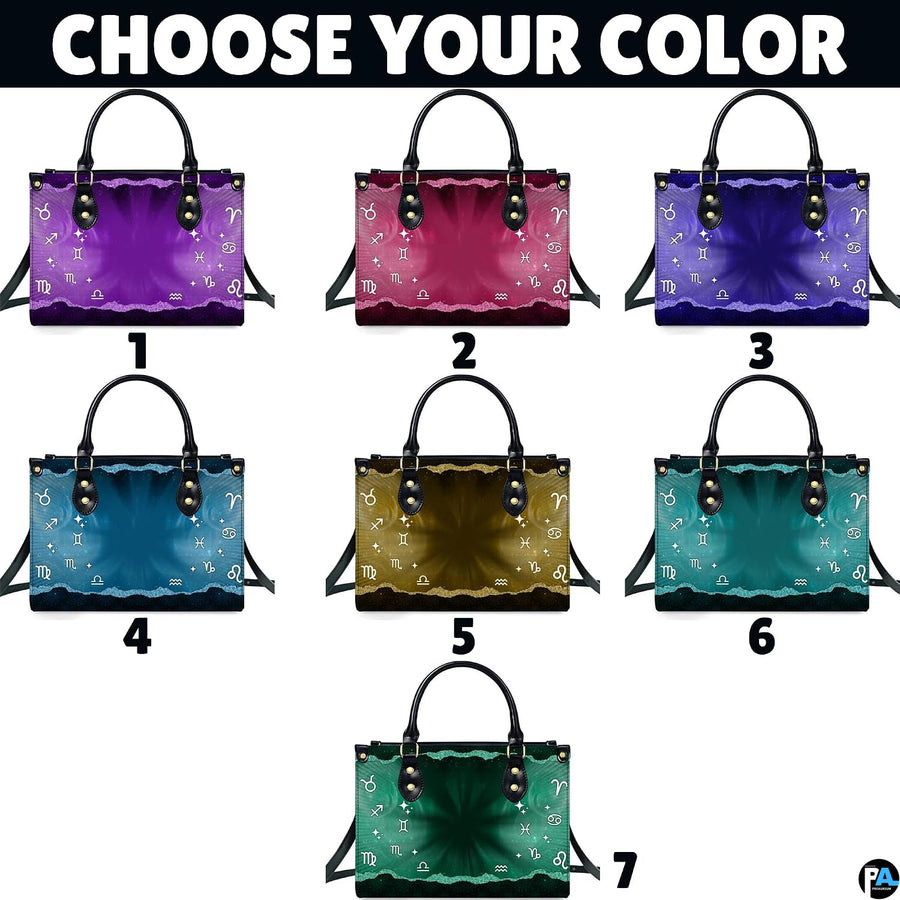 Seven varied color palette editions displayed for Celestial Archer Satchel Handbag.