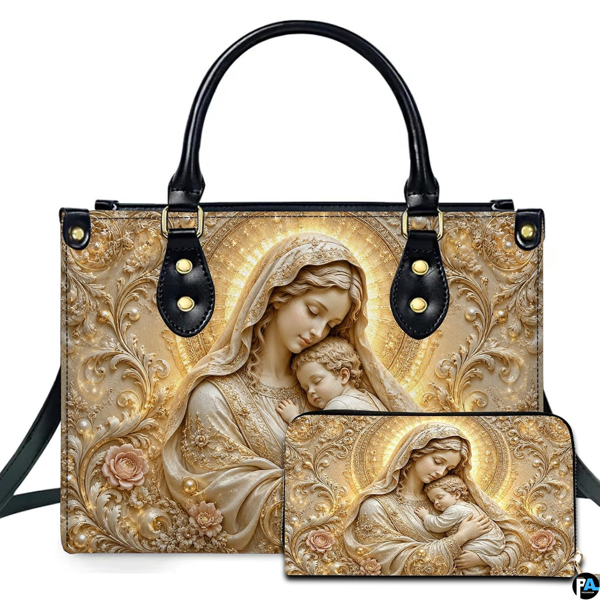Baroque golden relief Madonna and Child artwork on coordinated handbag and wallet set