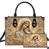 Baroque Golden Relief Madonna and Child Handbag and Matching Wallet Set