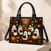 Ghost library satchel positioned on minimalist studio display pedestal with soft lighting.