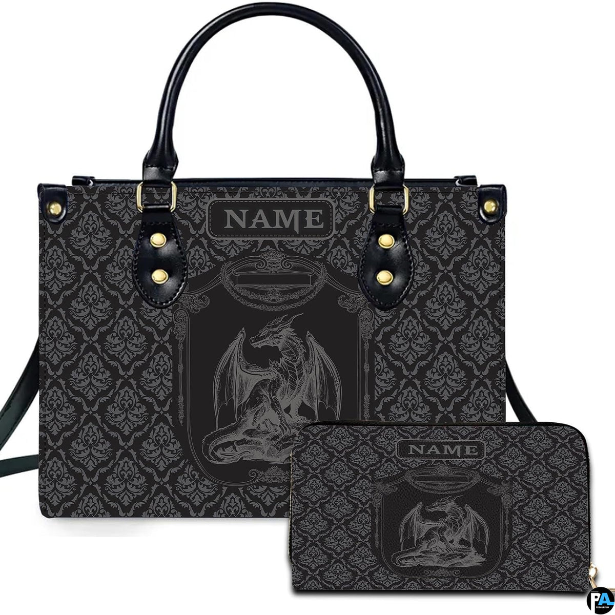 Gothic medieval dragon crest damask handbag and matching wallet set on white background.