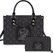 Gothic medieval dragon crest damask handbag and matching wallet set on white background.