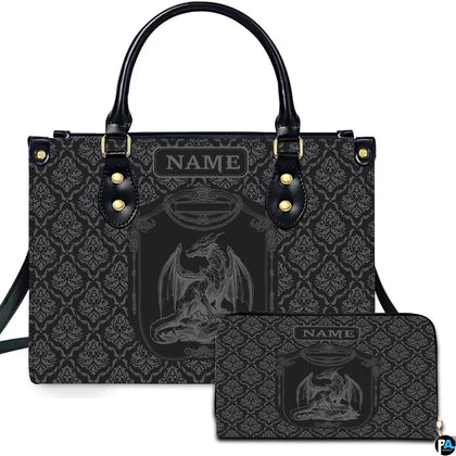 Gothic medieval dragon crest damask handbag and matching wallet set on white background.