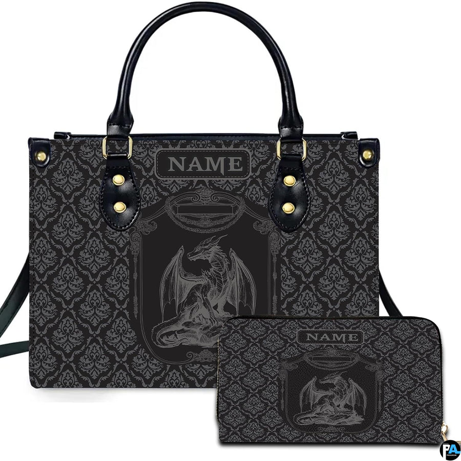 Gothic medieval dragon crest damask handbag and matching wallet set on white background.