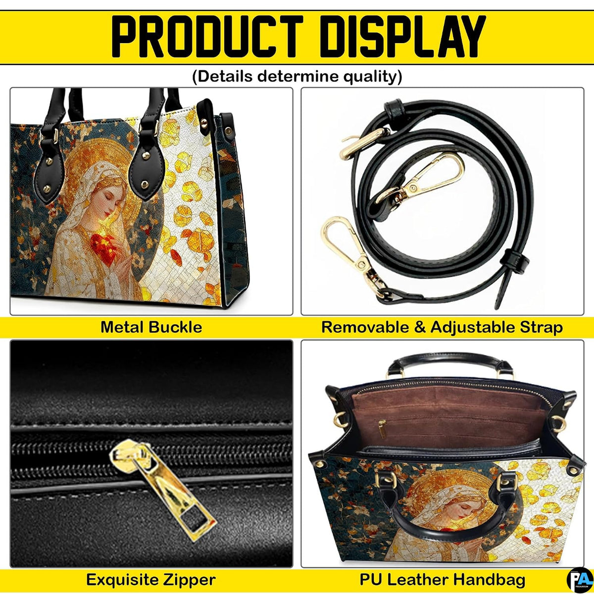 Four-panel product feature display showing views and structural details of mosaic handbag.