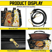 Four-panel product feature display showing views and structural details of mosaic handbag.
