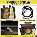 Four-panel product feature display showing views and structural details of mosaic handbag.